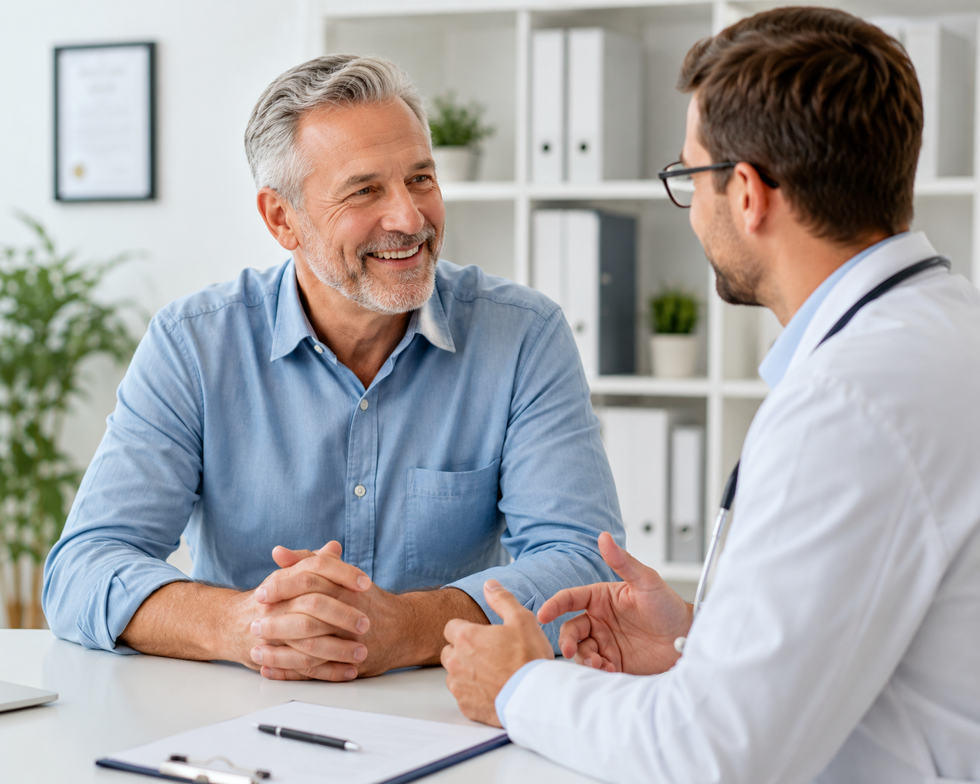 Mature man speaking with a healthcare professional during a routine consultation