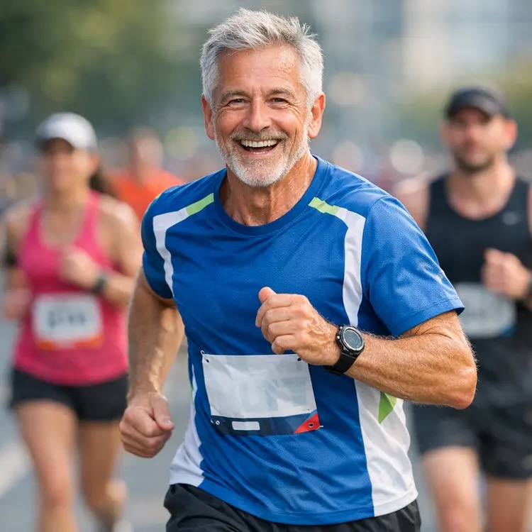 Mature man running outdoors as part of a healthy routine