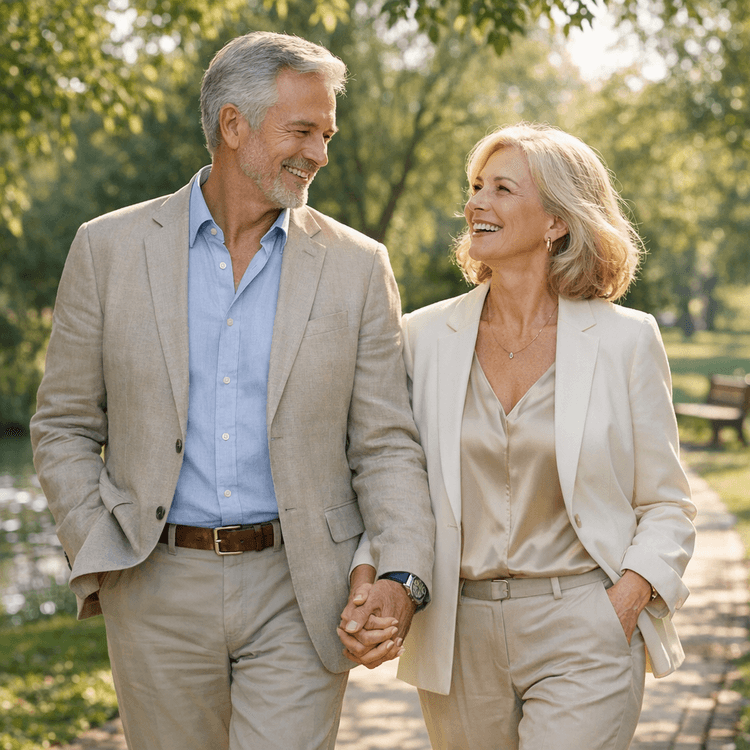Mature couple walking together and holding hands outdoors