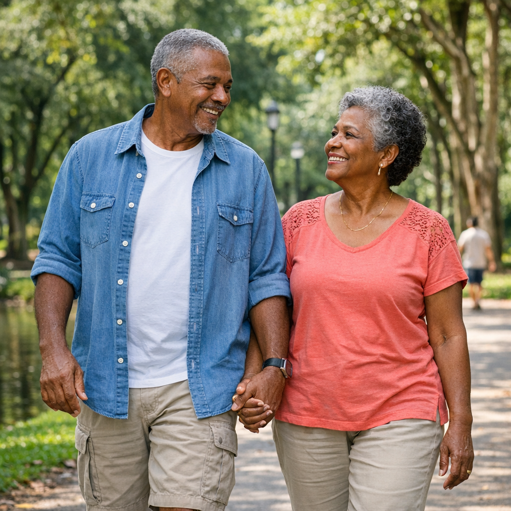 Mature couple walking together in a park